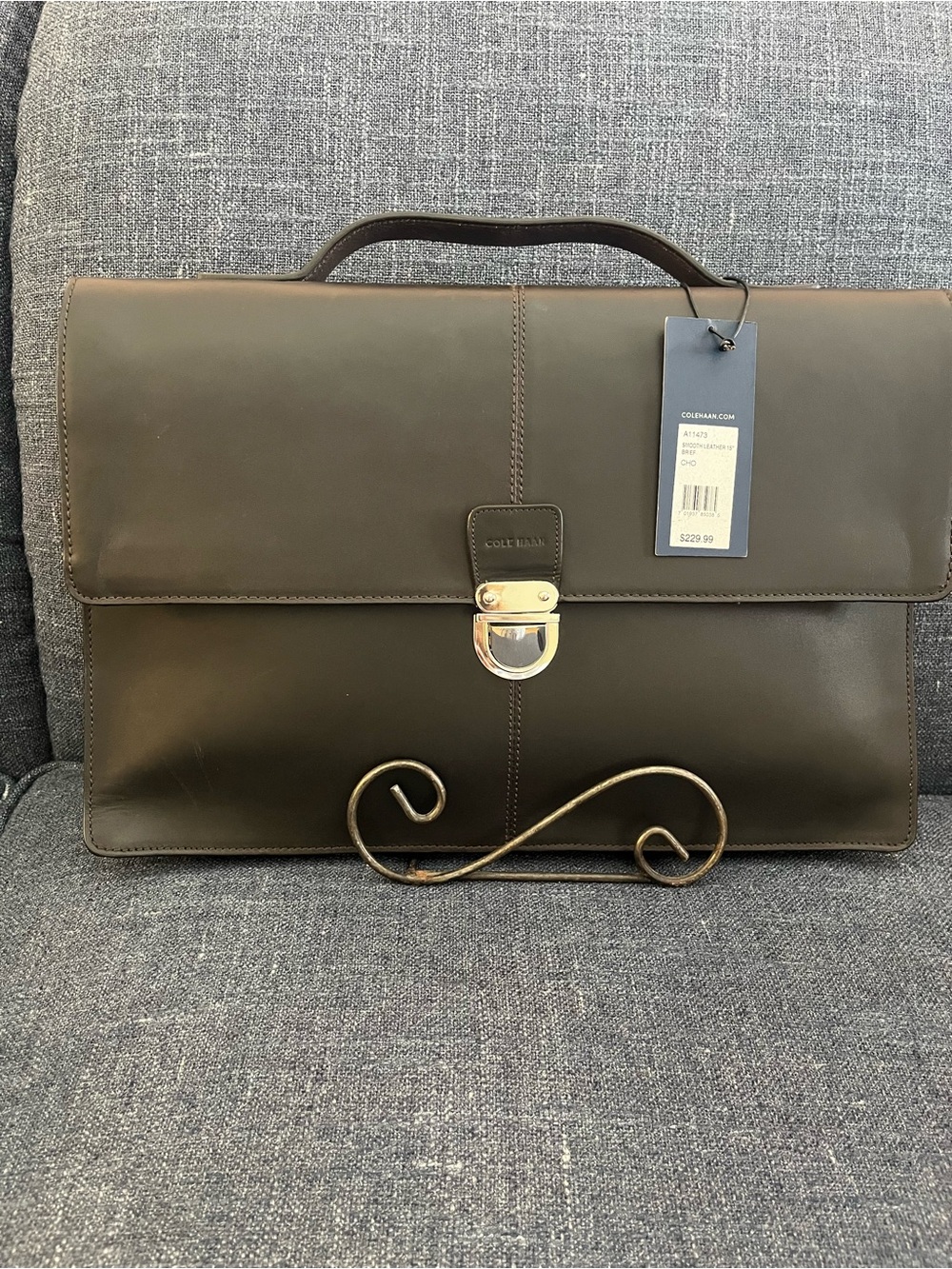 Cole Haan Dark Brown Leather Briefcase with Silver Hardware